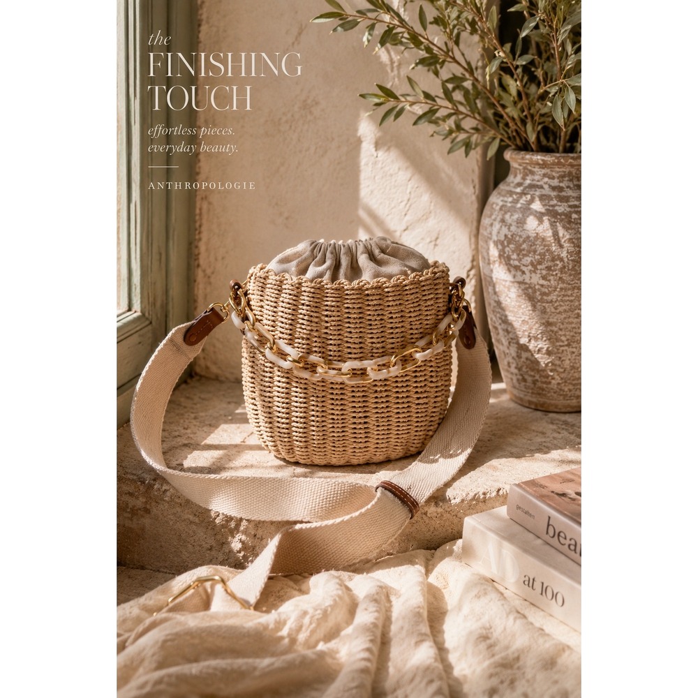 Parfois Woven Raffia Bucket Bag Crossbody Neutral Coastal Resort Summer Spain